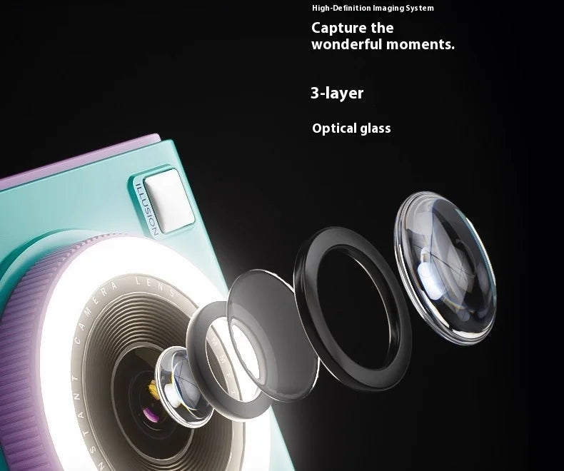 Teal and purple instant camera featuring an exploded view of a three-layer optical glass lens system.