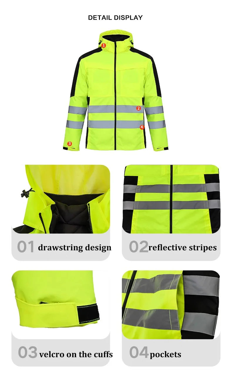 Yellow and black hi-vis jacket with reflective stripes, adjustable drawstring hood, velcro cuffs, and multiple pockets.