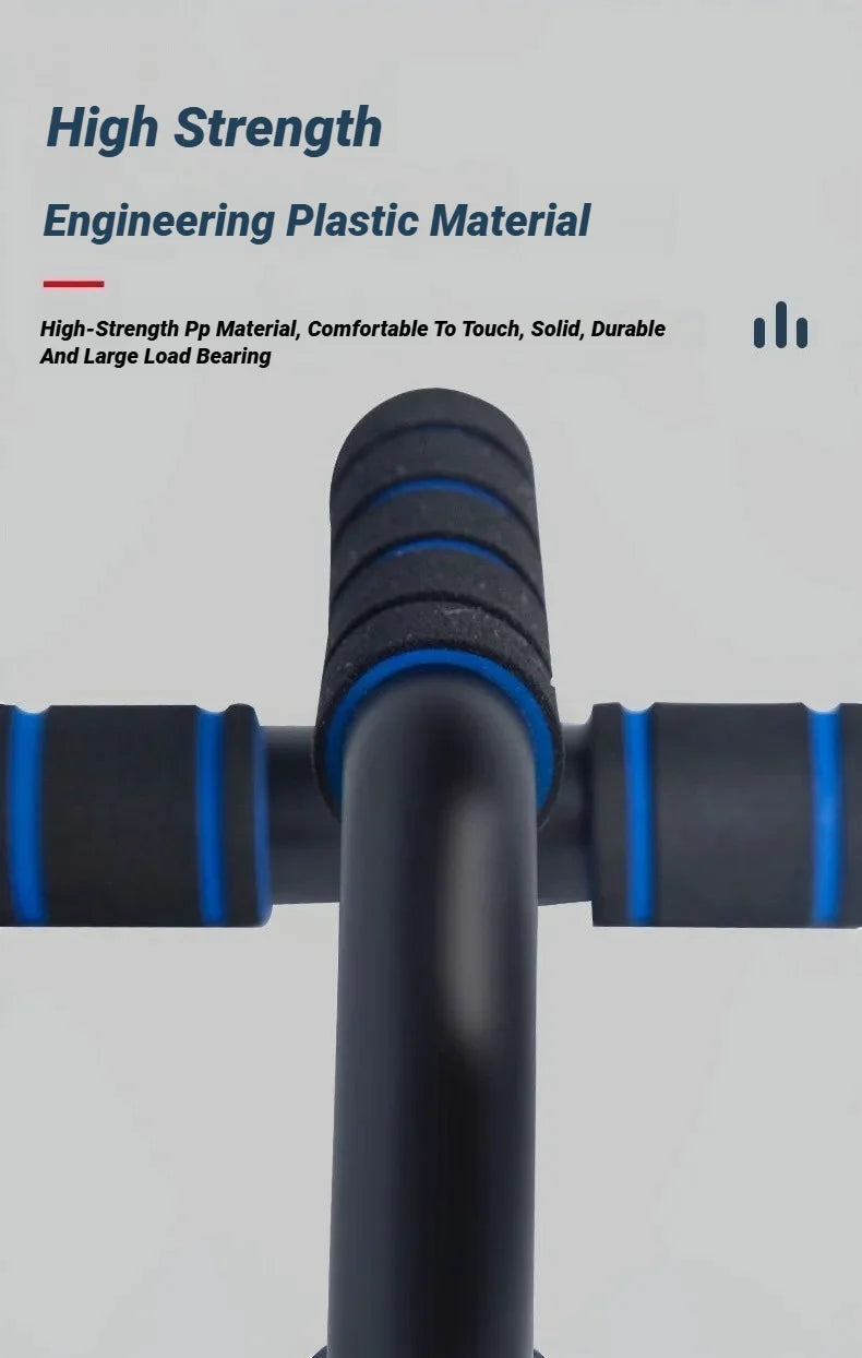 Black push-up bar with blue accents and comfortable padded foam grips for durability.