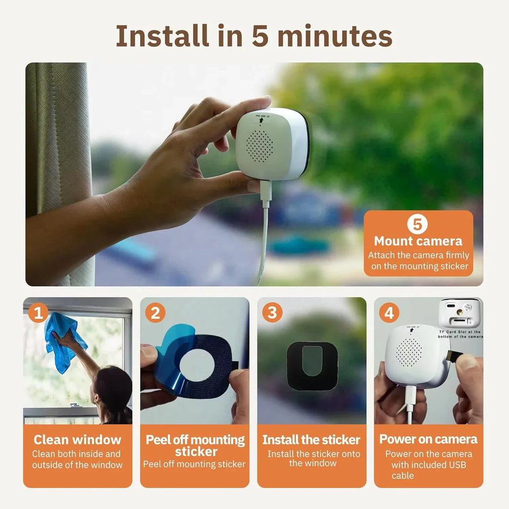 A 5-step guide showing how to mount a compact white WiFi security camera to a window using an adhesive sticker.