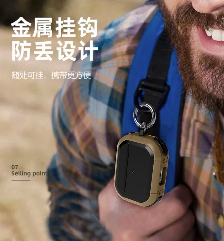 Rugged tan and black AirPods Pro case with metal carabiner clip, attached to a backpack strap.
