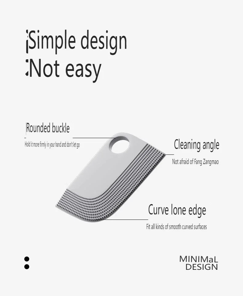Grey, rectangular scraper tool with a rounded finger hole and textured curved cleaning edge.