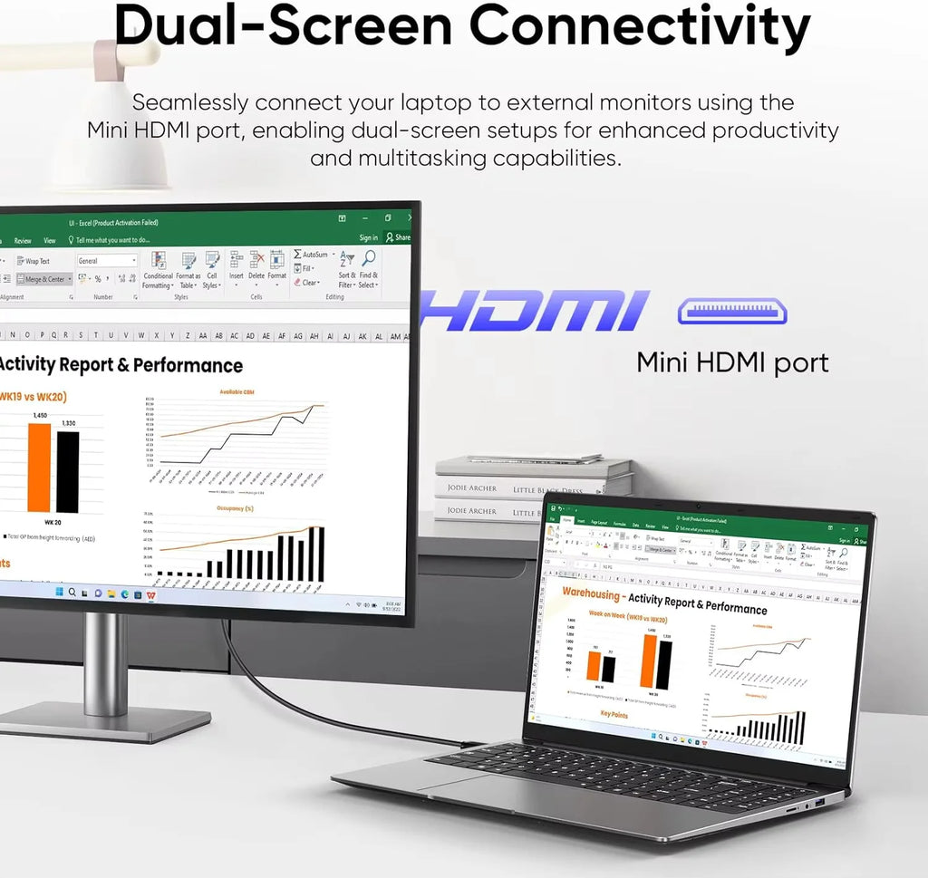 A slim, grey 14.1-inch laptop connected to an external monitor via Mini HDMI, displaying spreadsheets and data charts.