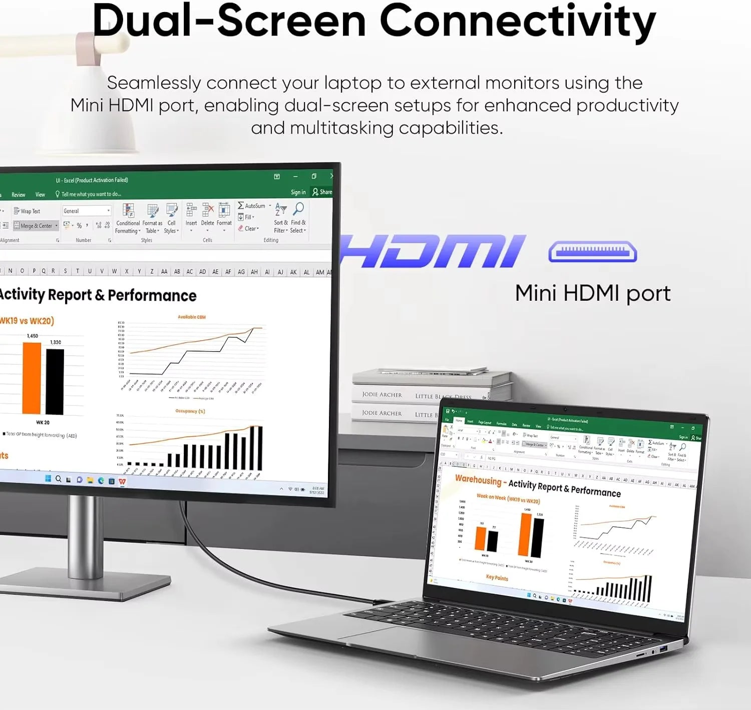 A slim, grey 14.1-inch laptop connected to an external monitor via Mini HDMI, displaying spreadsheets and data charts.