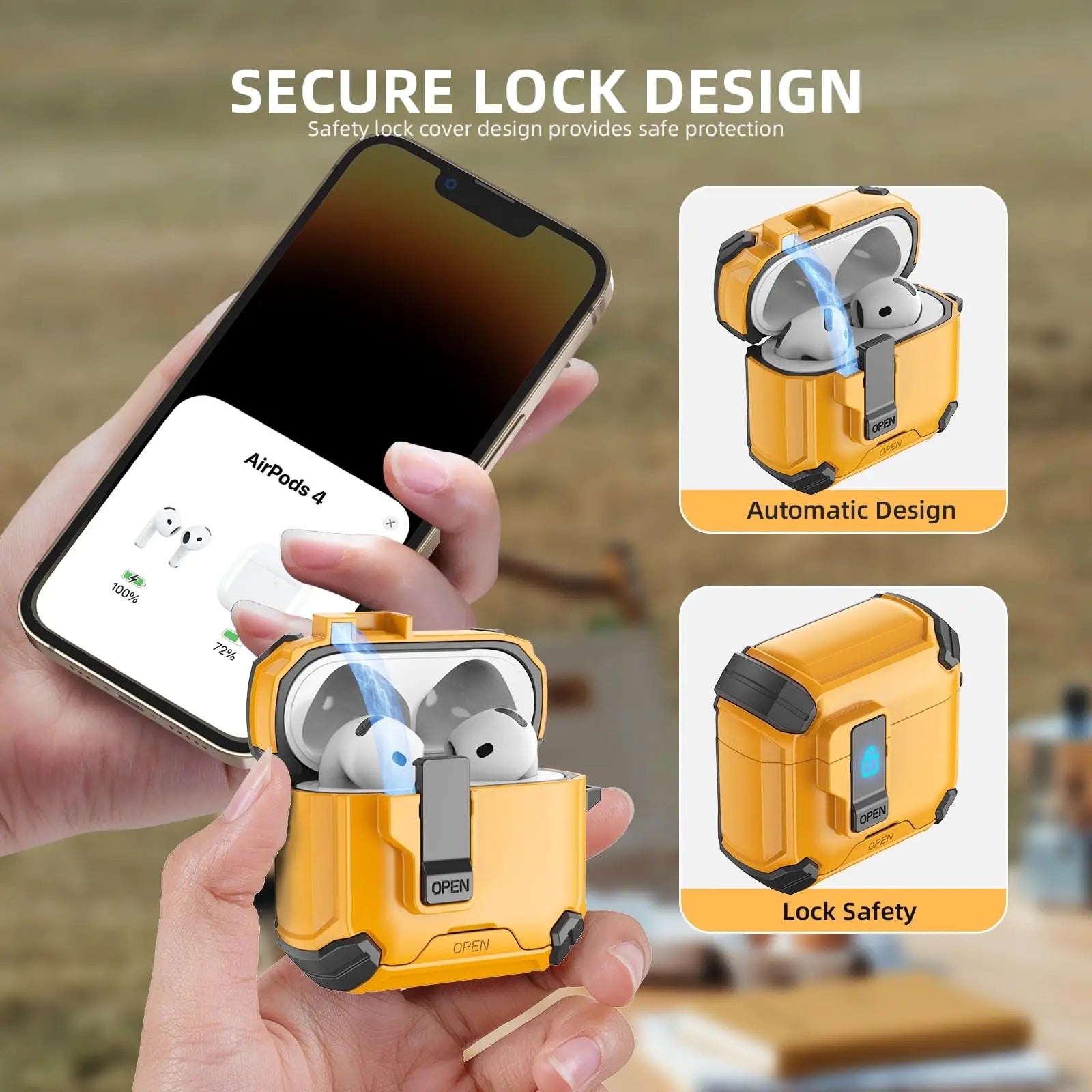 Rugged yellow protective case for AirPods 4 with secure safety lock design and automatic opening mechanism.