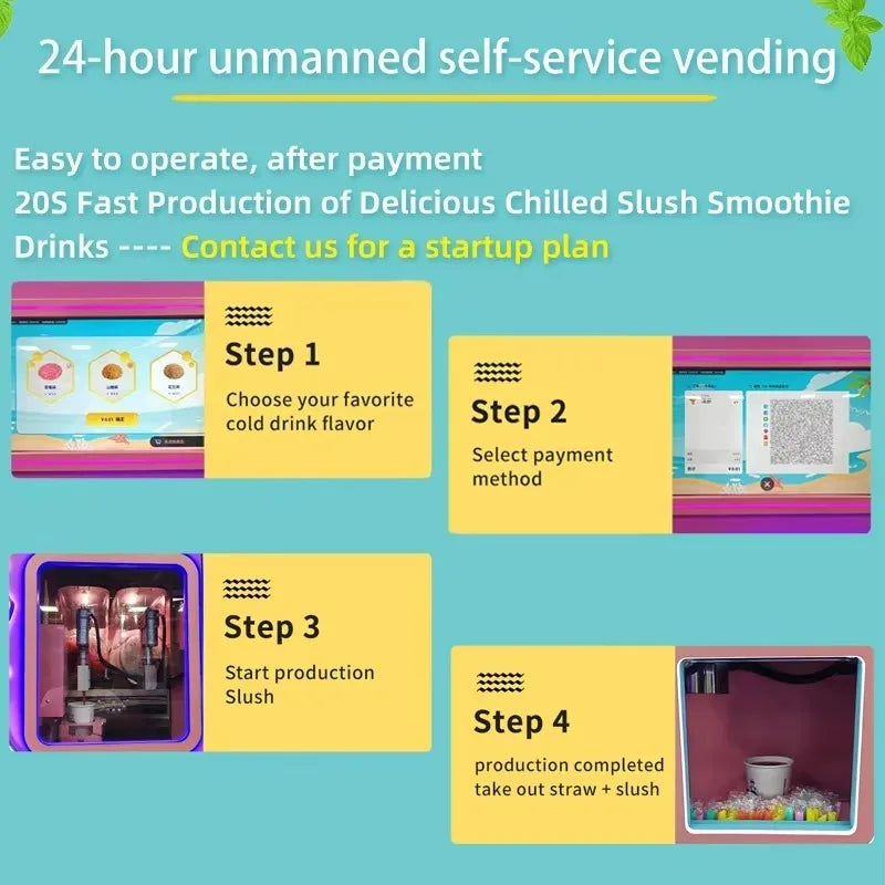 Pink self-service slushie vending machine showing 4 operation steps with a touchscreen interface and cup dispenser.