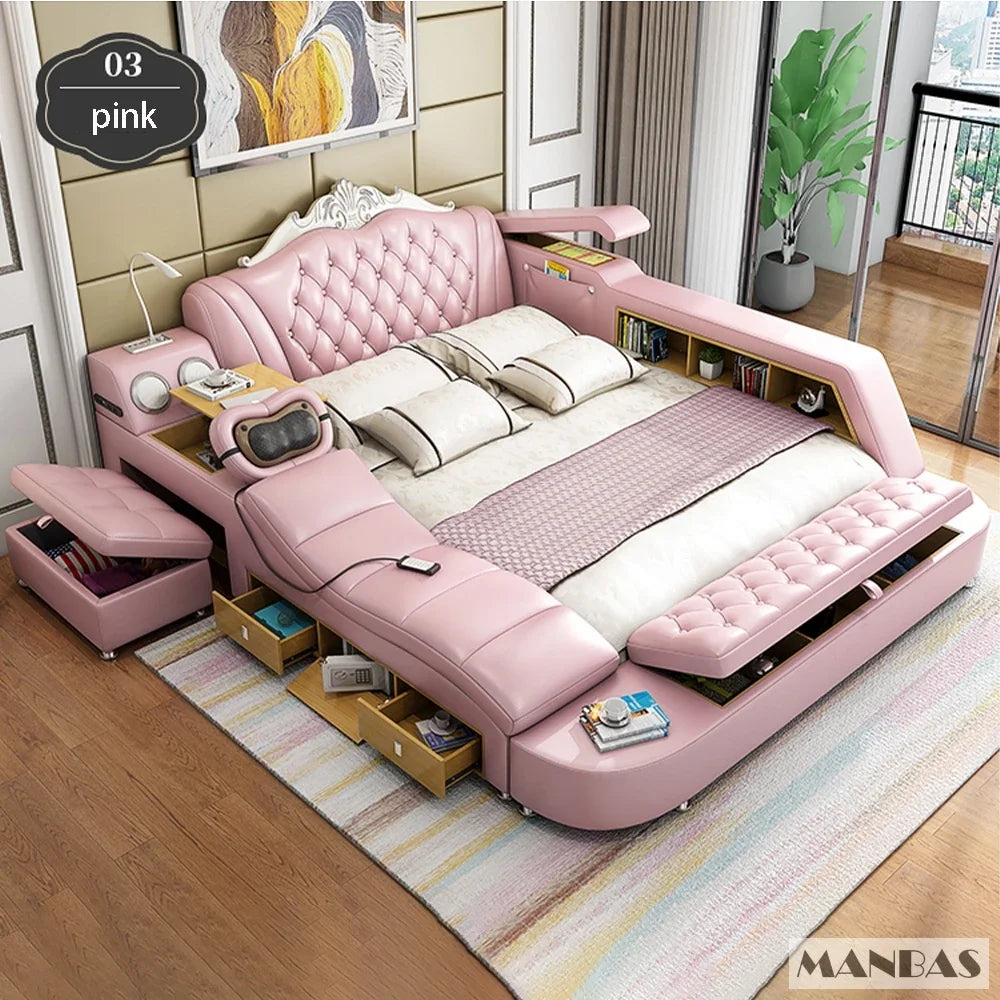 Pink, multifunctional smart bed frame with tufted headboard, integrated storage, massage features, and side shelves.