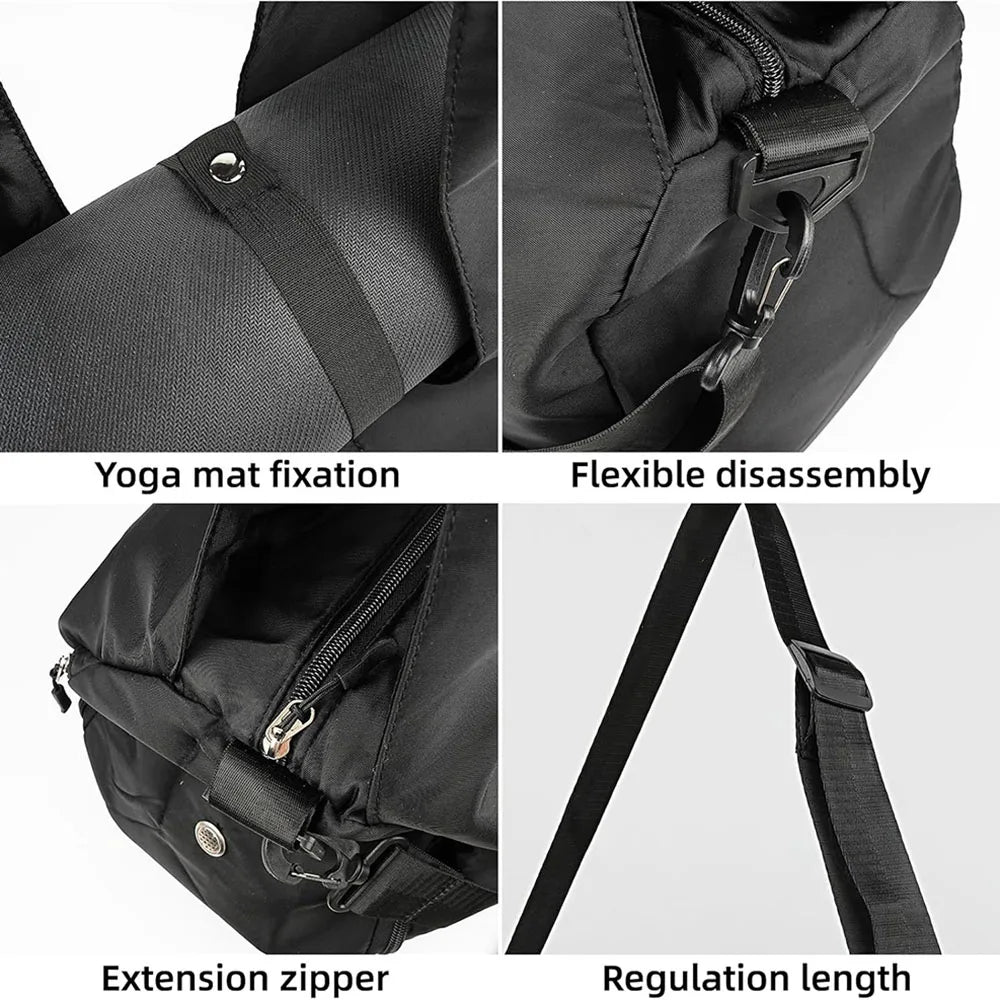 Four panels showing a black bag’s features: yoga mat strap, clip, zipper, and adjustable shoulder strap.