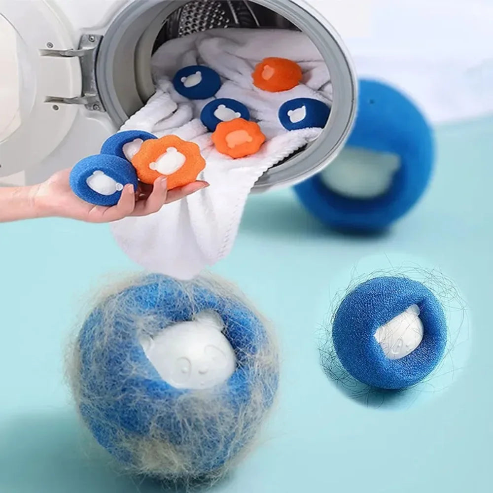 Blue and orange foam laundry hair catcher balls with a white bear-shaped core, shown being used in a washing machine.