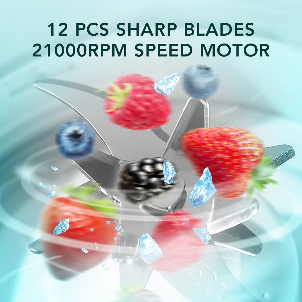 A blender blade assembly with 12 sharp silver blades, shown spinning with mixed berries and ice on a light blue background.