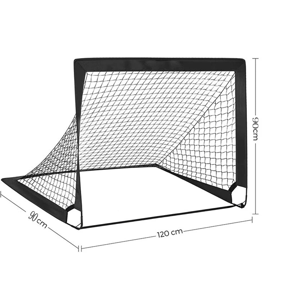 Black portable football goal, 120cm wide x 90cm high, with durable netting and sturdy frame for garden sports.