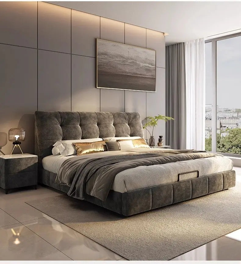 Modern minimalist bed frame in charcoal grey velvet, featuring a deep-buttoned headboard and a low-profile base.