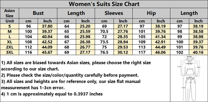 Women's suit size chart featuring measurements for bust, length, sleeves, and hip in both centimetres and inches.