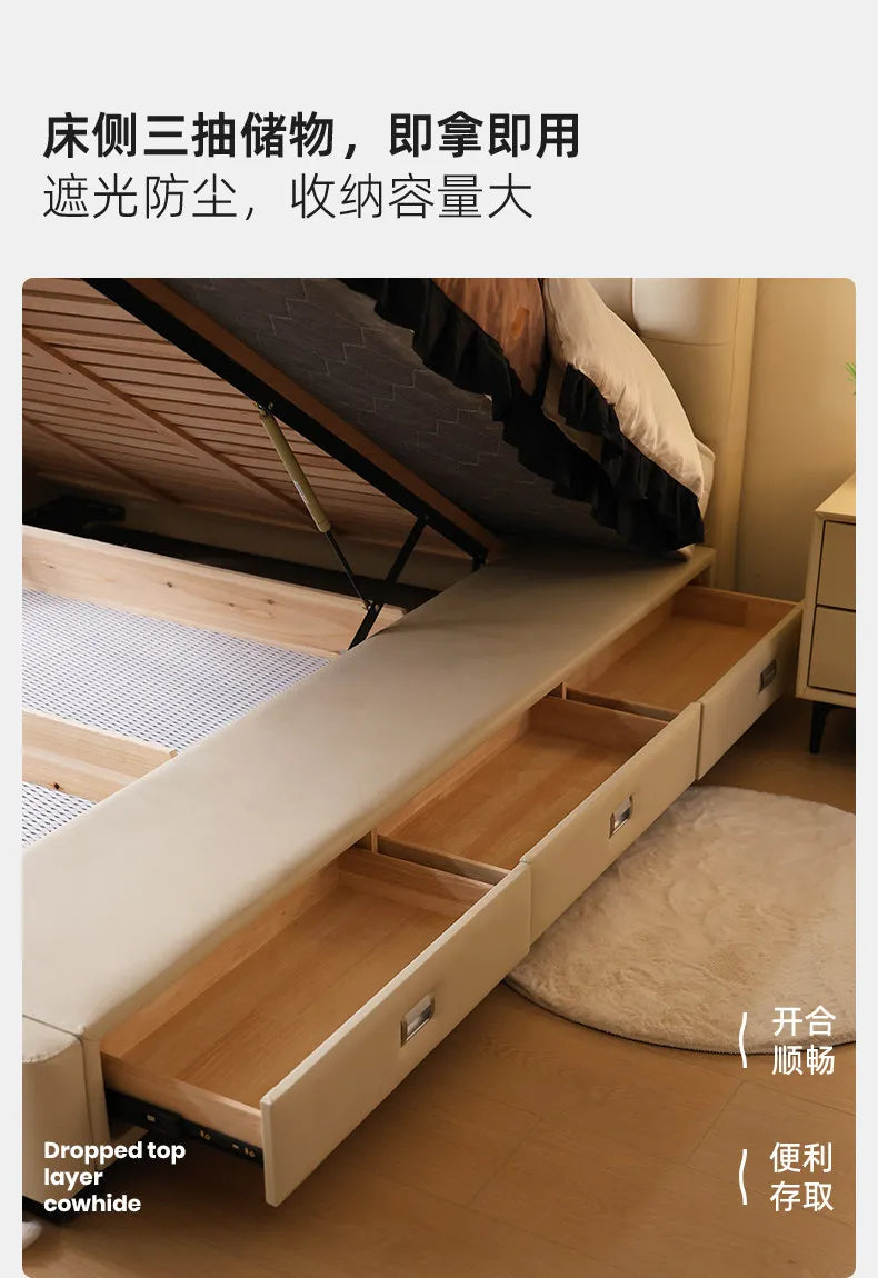 Minimalist cream wooden storage bed frame with a lift-up slatted base and three integrated side storage drawers.