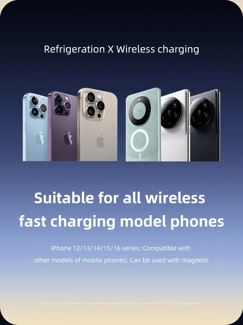 Six various smartphones in blue, purple, gold, green, silver, and black, promoting wireless charging and refrigeration.