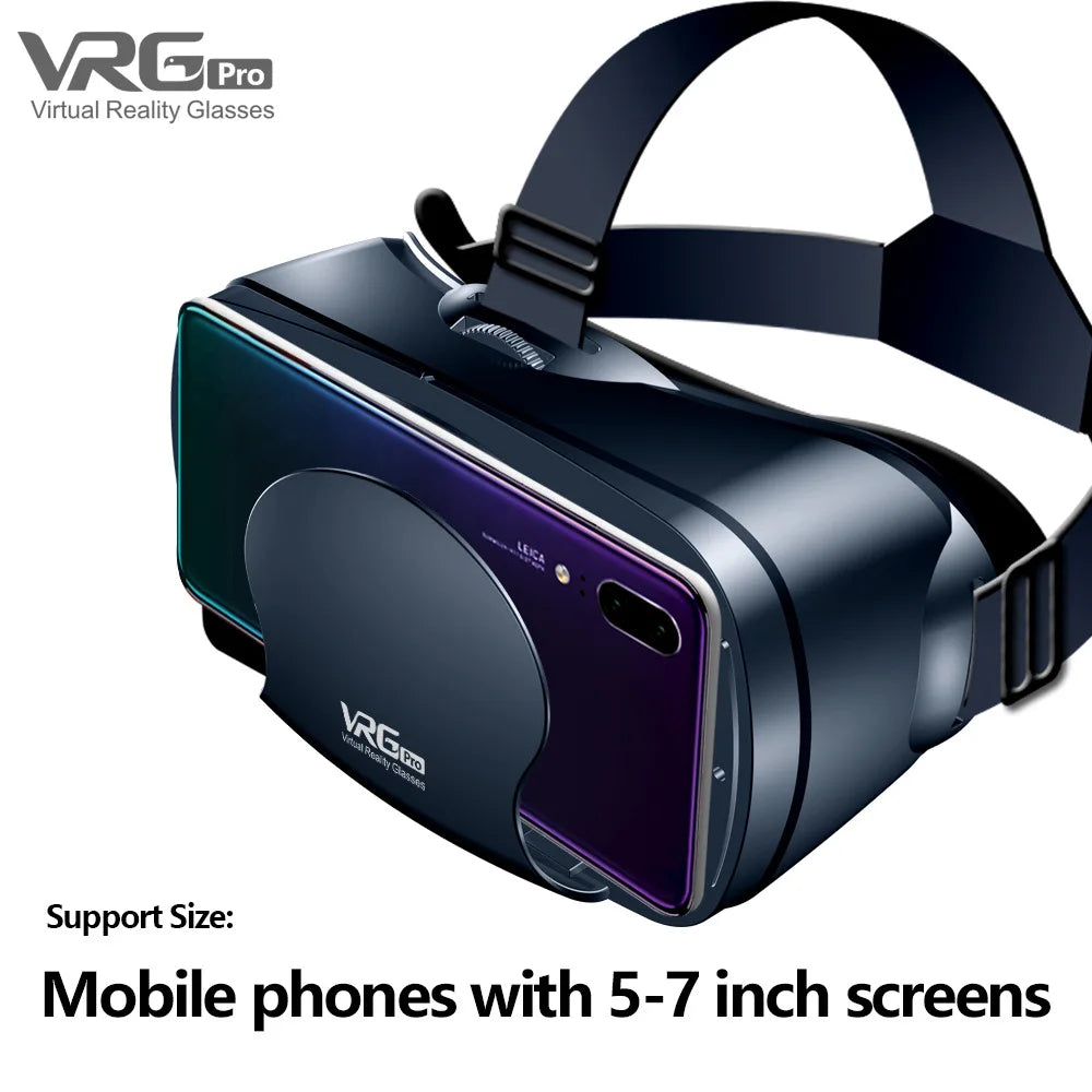 Black virtual reality headset with an adjustable head strap and a slot to insert a smartphone for immersive viewing.