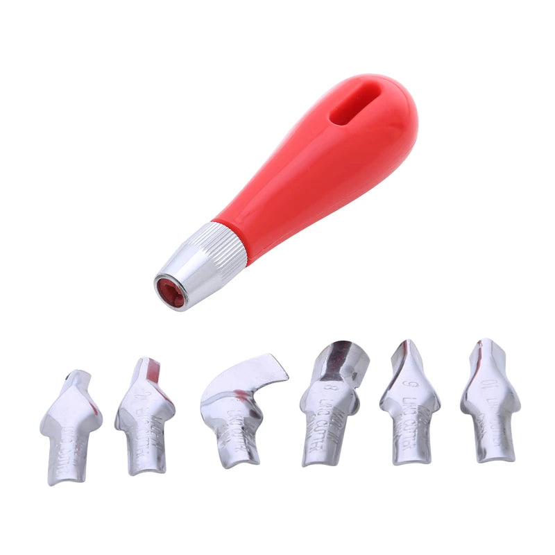 Red lino printing tool handle with a metal chuck and six interchangeable steel carving blades for relief printmaking.