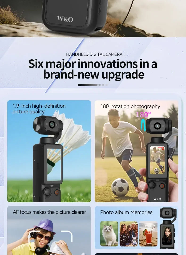 Black handheld digital camera with a gimbal-mounted lens, 1.9-inch touchscreen, and 180-degree rotating camera head.