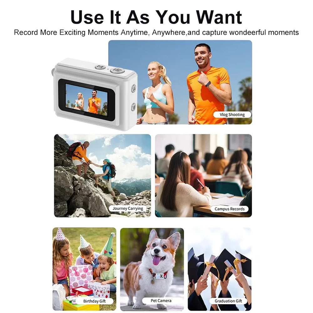 White digital compact video camera featuring a small rear screen and top control buttons for daily recording.