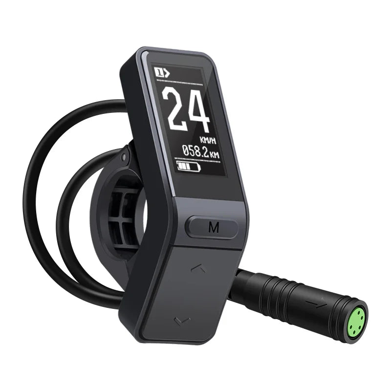 Black Bafang SW102 electric bike LCD display with handlebar mount, control buttons, coiled cable, and 5-pin connector.