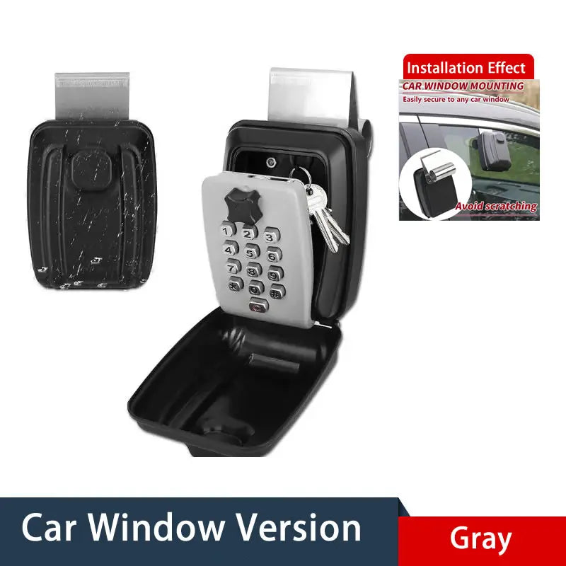 Black and gray metal car window lock box with a keypad, showing closed, open, and installed views.
