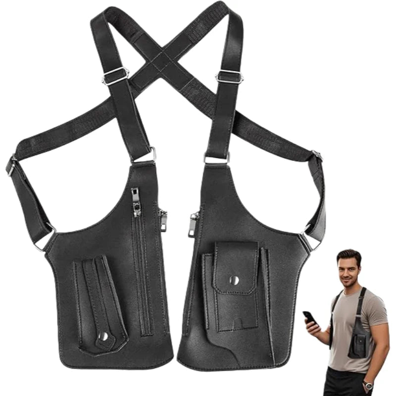 Black leather-look tactical dual-holster chest bag with adjustable shoulder straps, multiple zip and press-stud pockets.