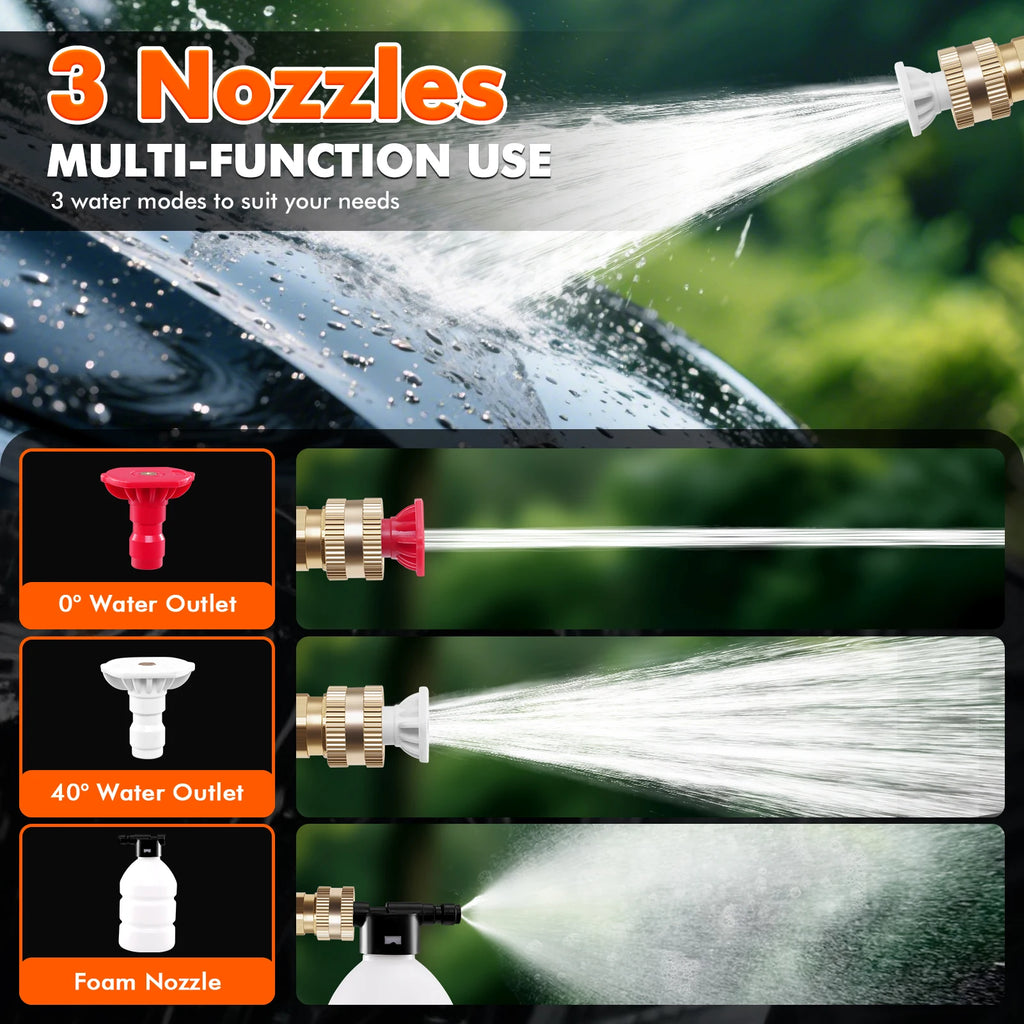 Cordless pressure washer with three nozzles showing 0-degree, 40-degree, and foam water spraying modes.