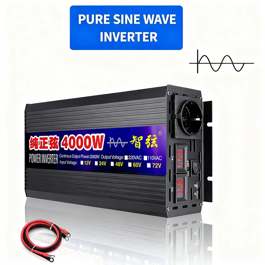 Black pure sine wave power inverter with digital displays, AC output socket, and included red and black battery cables.