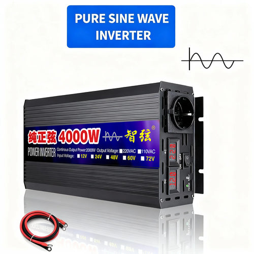 Black pure sine wave power inverter with digital displays, AC output socket, and included red and black battery cables.