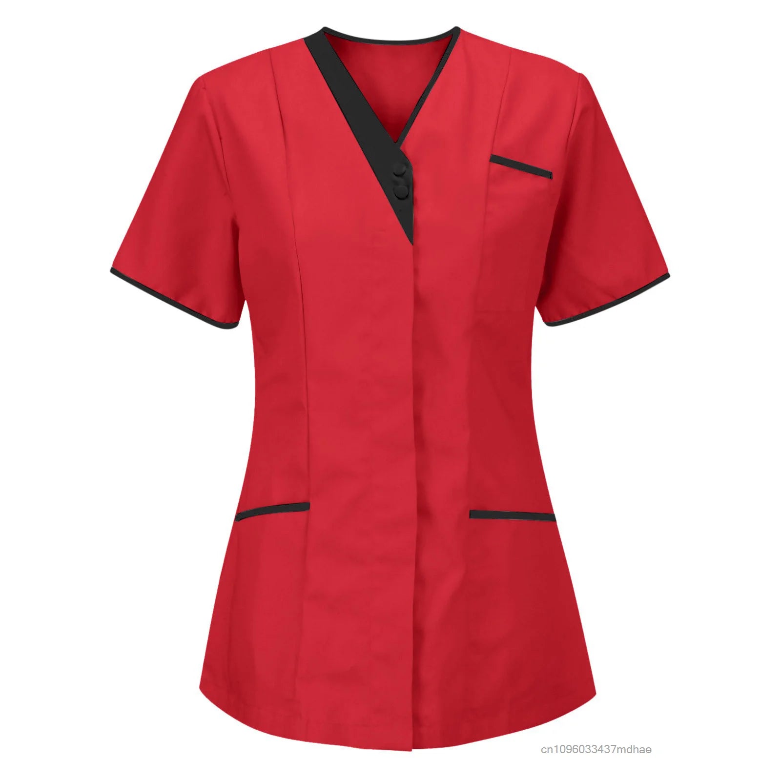 Women’s red V-neck healthcare tunic with short sleeves, black trim detailing and front pockets.