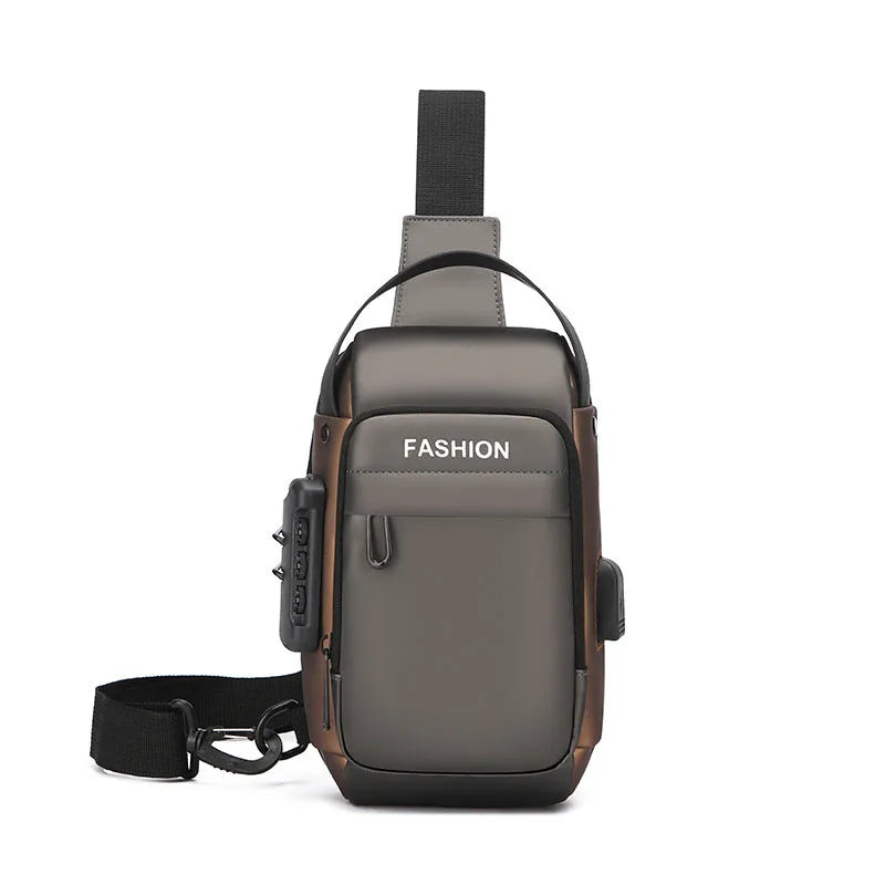 Grey and brown anti-theft sling bag with a USB charging port, featuring a secure zip pocket and adjustable strap.