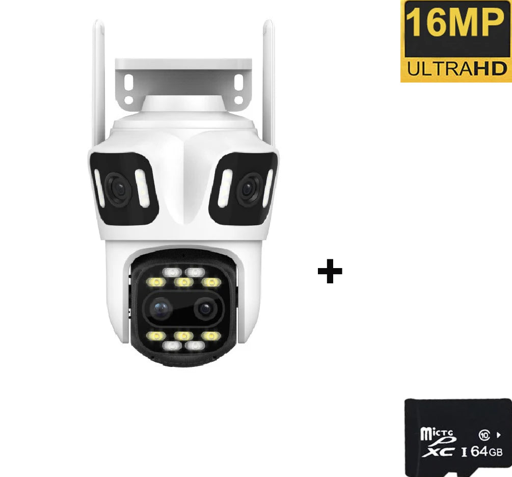 White 16MP quad-lens outdoor WiFi security camera with 64GB micro SD card and LED floodlights.