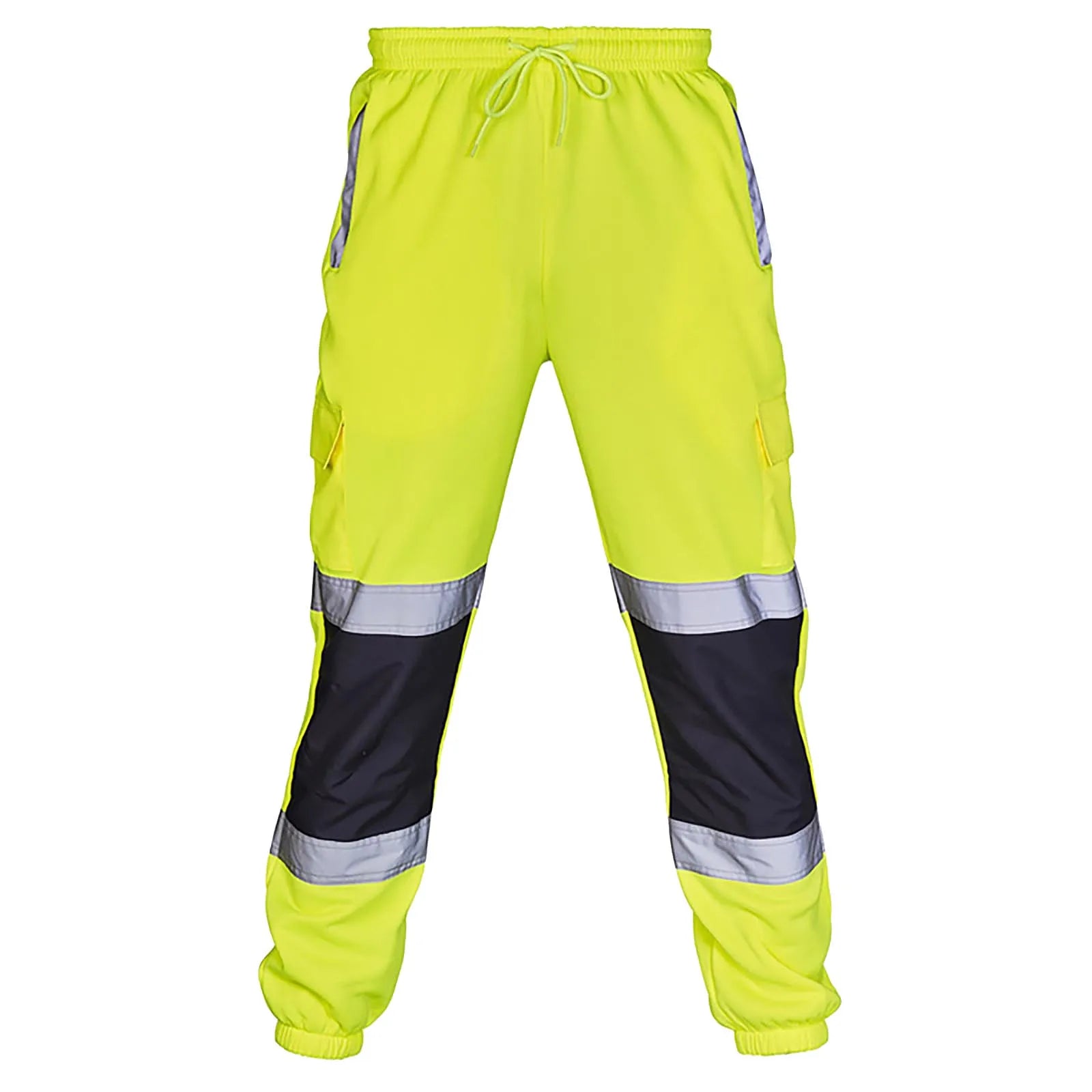 High-vis yellow work trousers with black knee panels, reflective strips, cargo pockets, and an elasticated drawstring.