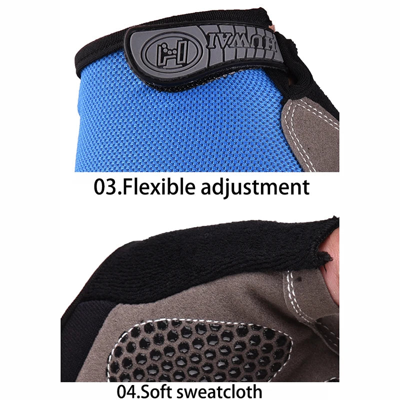 Close-up of blue and grey fingerless sports gloves with an adjustable strap and sweat-wicking fabric.