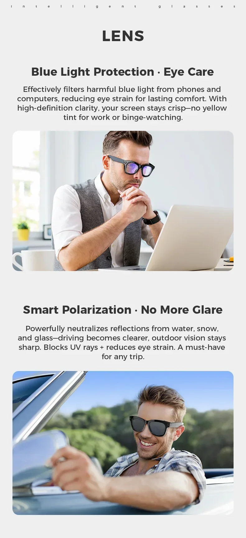 Stylish black smart glasses with integrated camera, shown as clear blue-light filtering lenses and dark sunglasses.