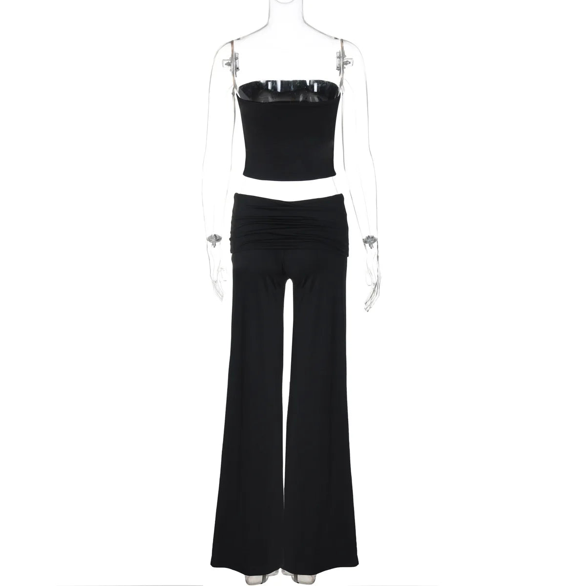 Black two-piece set featuring a strapless crop top and wide-leg trousers with a ruched waistband on a mannequin.