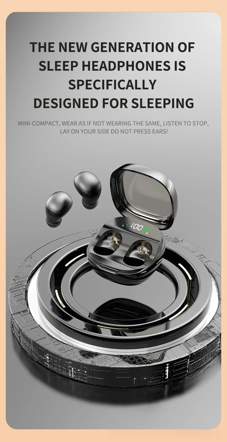 Black sleep earbuds with a matching open charging case featuring a digital display, floating on a metallic pedestal.