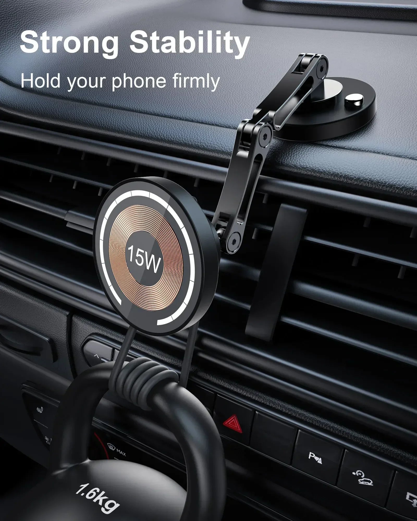 Black wireless car phone mount with an adjustable folding arm and magnetic charging pad attached to a vehicle dashboard.