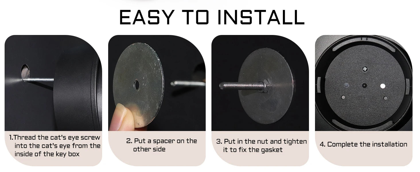 Four-step installation guide for a black metal key box showing a threaded screw, round metal spacer, and nut.