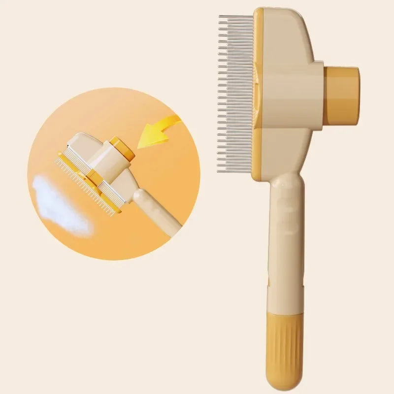 Beige and yellow self-cleaning pet grooming brush with fine metal bristles and a push-button release mechanism.