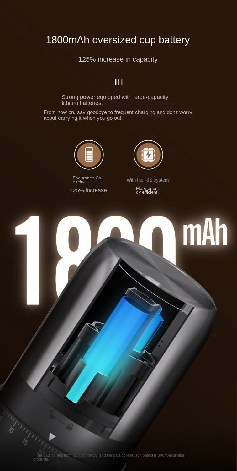 An 1800mAh internal battery shown inside a sleek, dark grey cylindrical device with a bright blue glowing core.