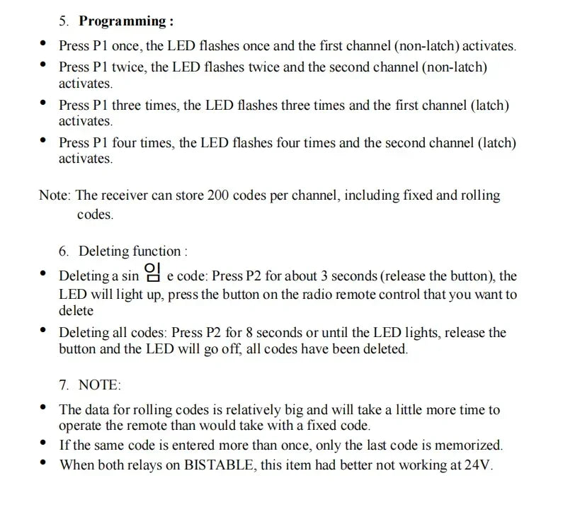 A printed instruction manual for programming and deleting remote control codes on a receiver device.