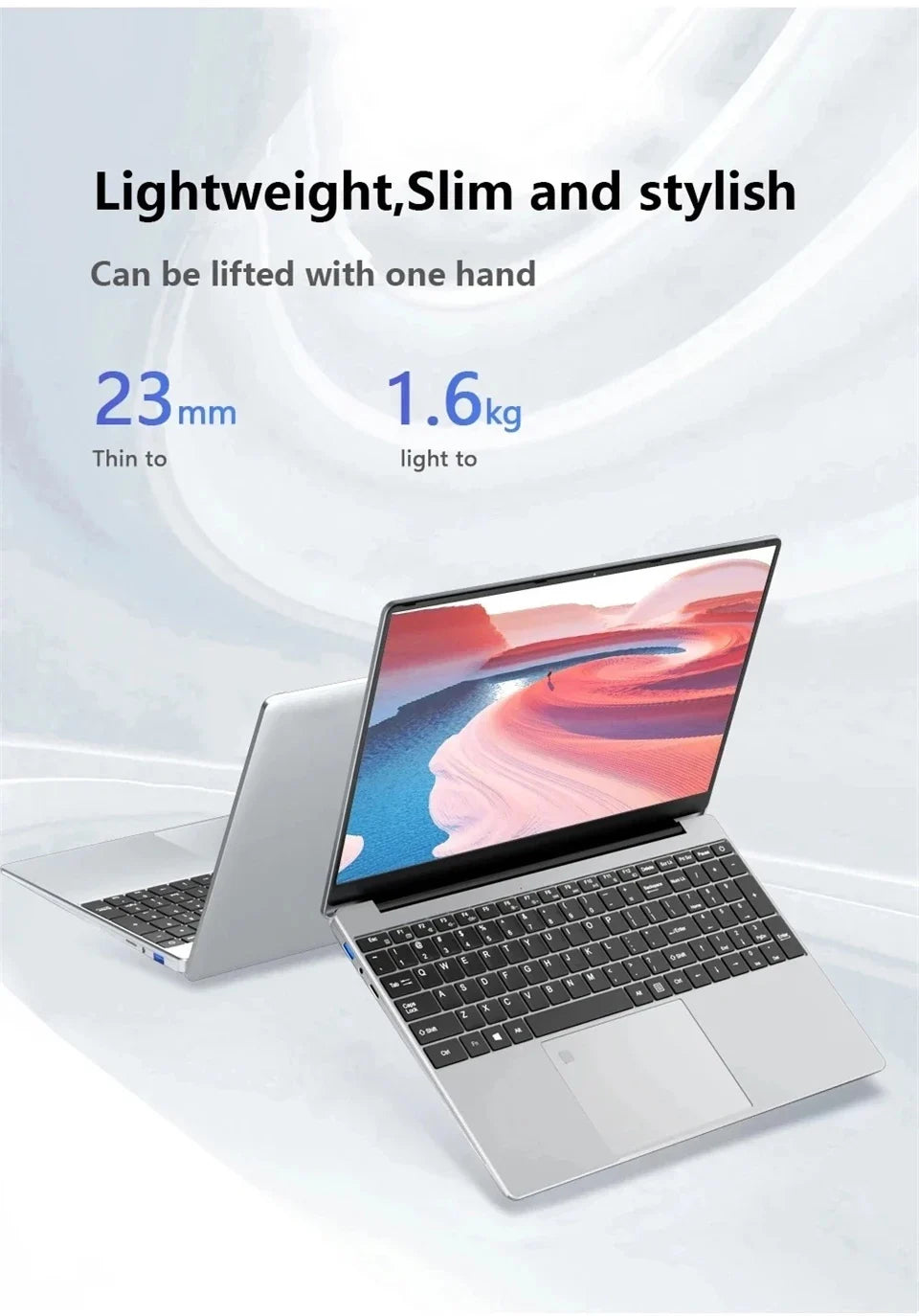 A slim, silver 15.6-inch laptop with a black keyboard, shown from multiple angles. Features a 1.6kg lightweight design.