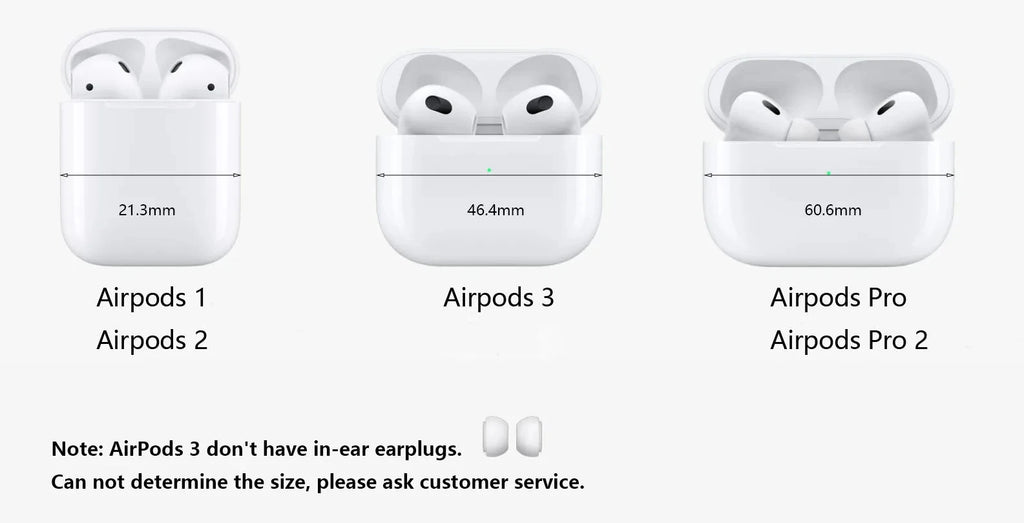 White glossy plastic cases for AirPods 1, 2, 3, Pro, and Pro 2, showing width measurements for size comparison.