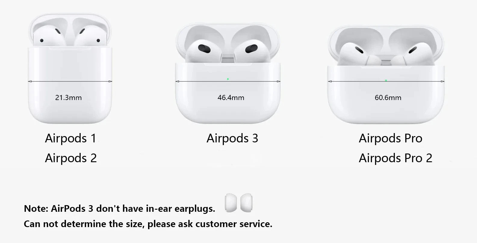 White glossy plastic cases for AirPods 1, 2, 3, Pro, and Pro 2, showing width measurements for size comparison.