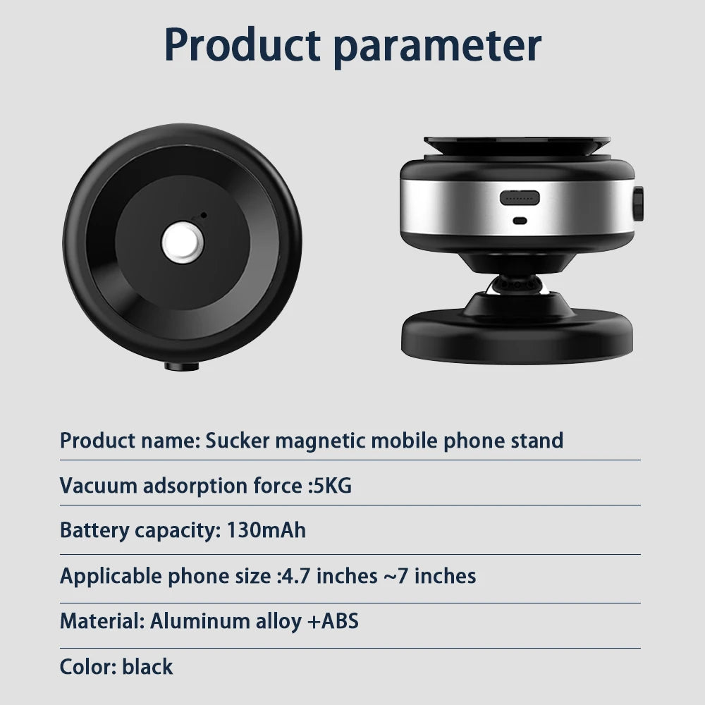 Black and silver magnetic mobile phone stand with a circular vacuum base, shown from front and side views.
