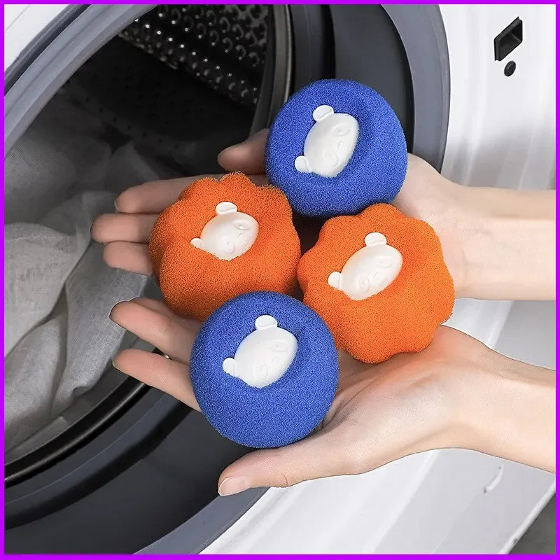 Hands holding four colourful, flower-shaped laundry cleaning sponges with white panda faces in the centre.