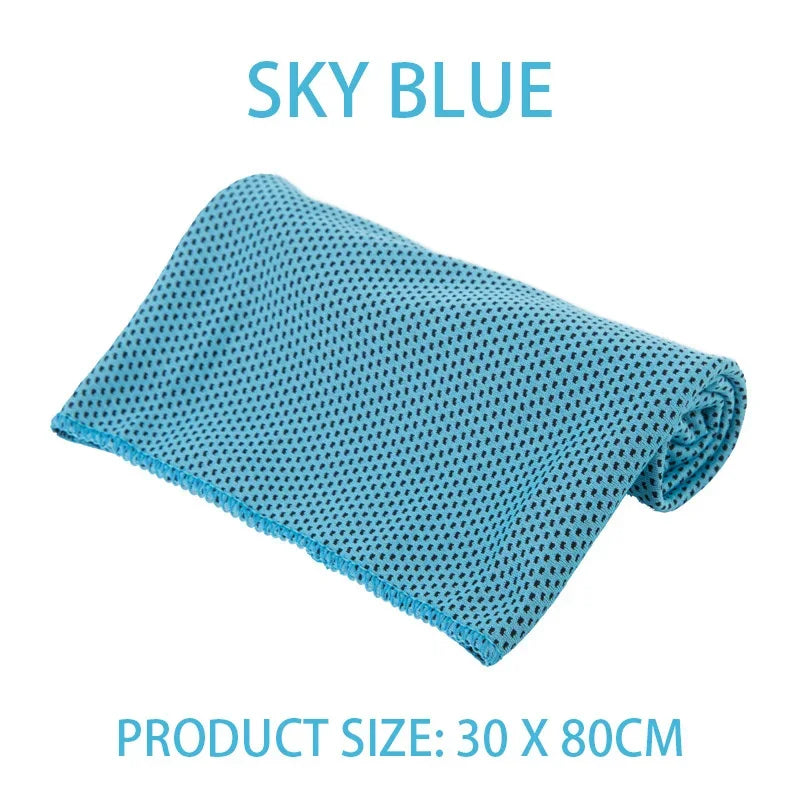 Sky blue cooling sports towel with a textured, microfibre mesh pattern, measuring 30 x 80cm.