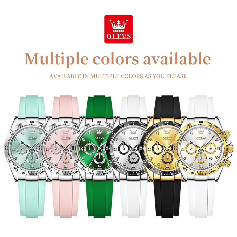 Six OLEVS quartz sport chronograph watches with silicone straps in mint, pink, green, white, gold, and white-gold.