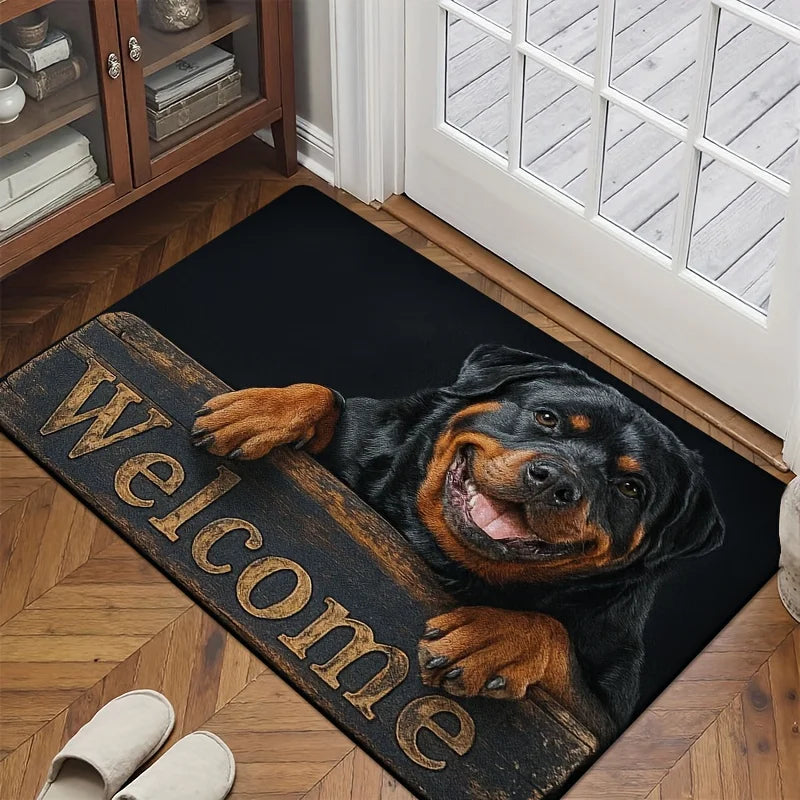 Black soft fleece doormat featuring a smiling Rottweiler peeking over a wooden sign that reads "Welcome".